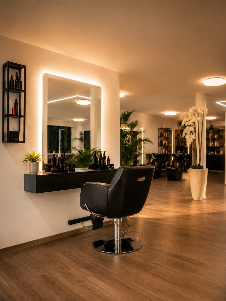 Stilvoller Stylingplatz mit beleuchtetem Spiegel und Pflanzen im Salon von Coiffeur Lilo